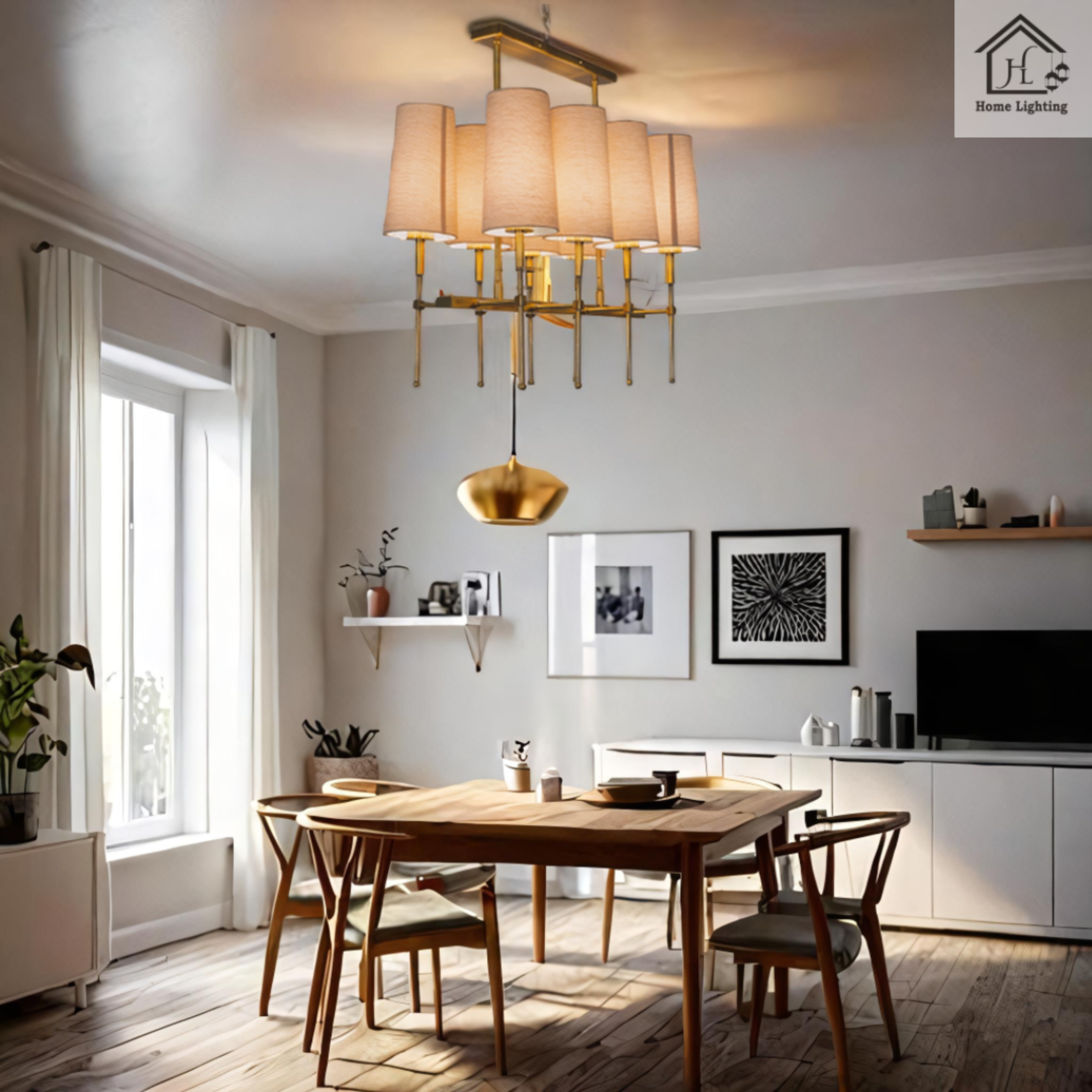 Elegant Chandelier with Fabric Shades, 8 Lights, Antique Brass Finish - Image 2