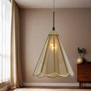 Vintage Glass Pendant Light, Scalloped Shade, Gold Metal Frame, Single Hanging Lamp