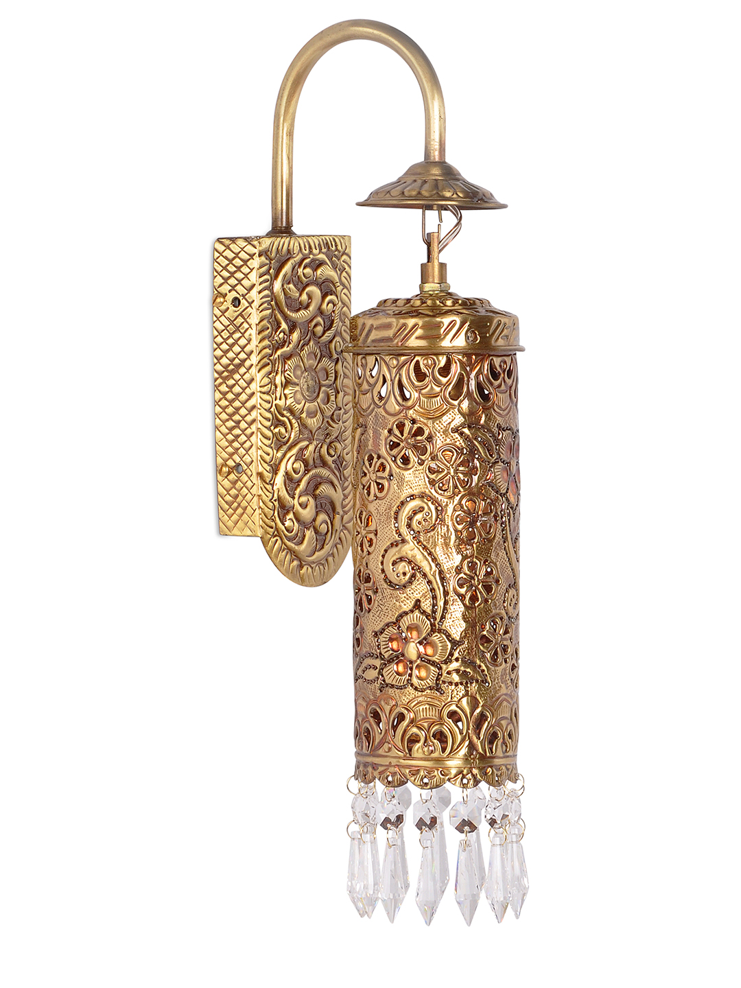 Hand Carved Brass & Crystal Cylinder Sconce - Image 4