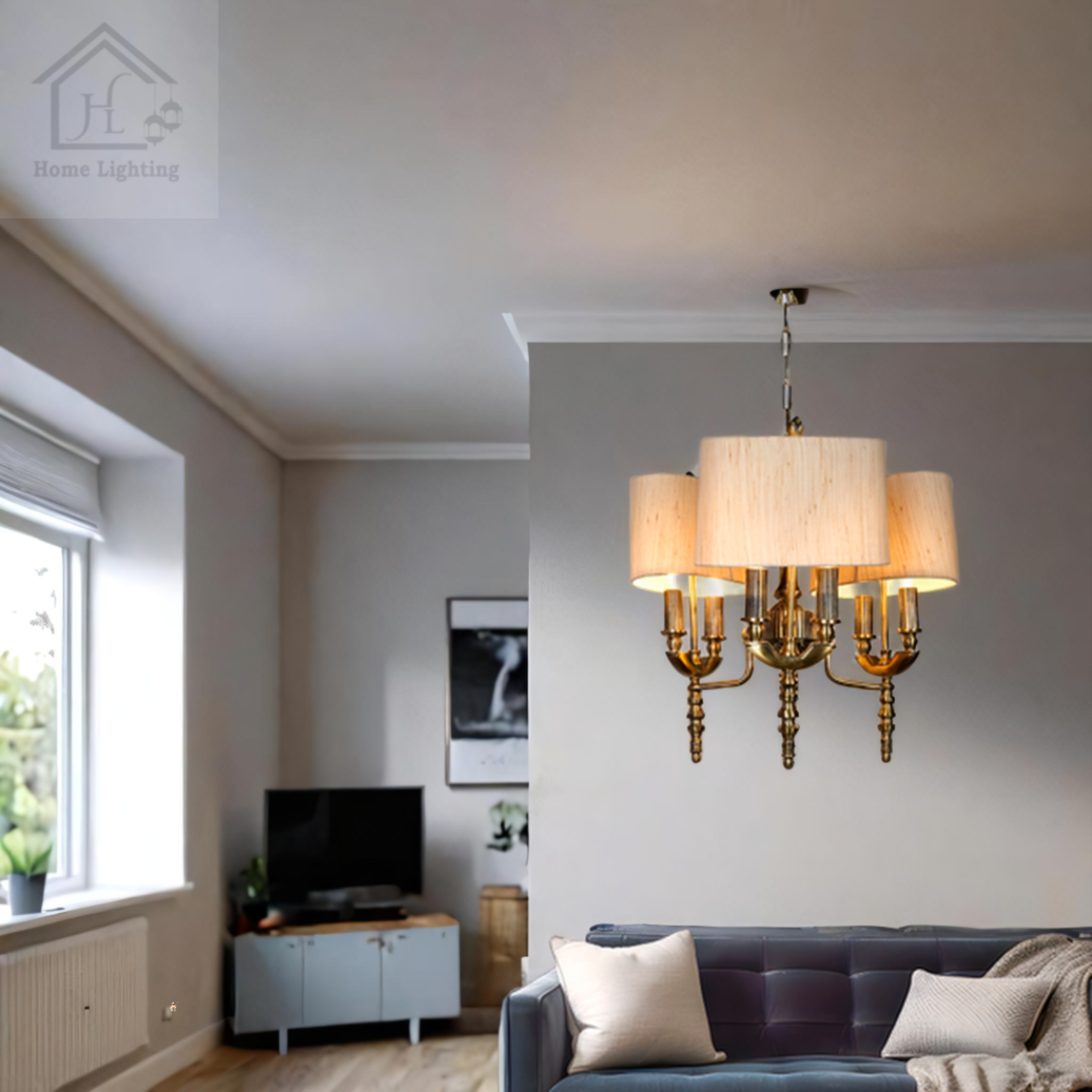 Antique Brass Finish Chandelier with Decorative Fabric Glass Shades, 6 -Light - Image 2