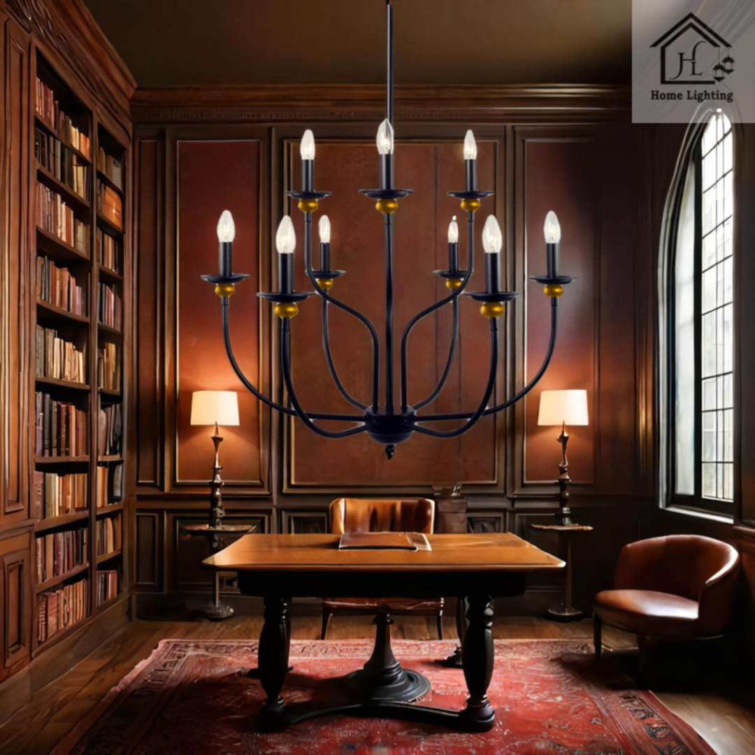 HL HOMELIGHTING 9-Light Chandelier, Black Metal with Gold Accents, Traditional Candle Style - Image 2