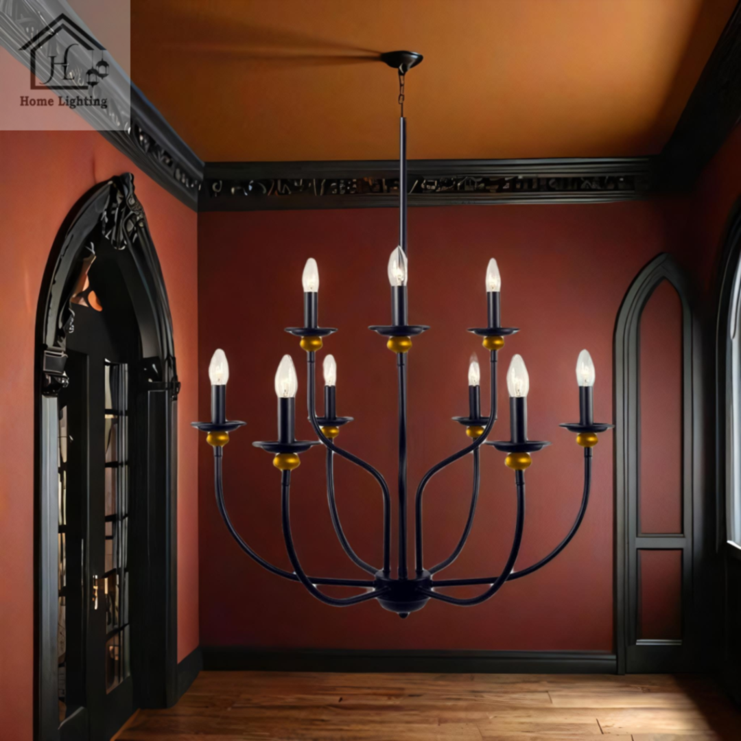 HL HOMELIGHTING 9-Light Chandelier, Black Metal with Gold Accents, Traditional Candle Style - Image 3
