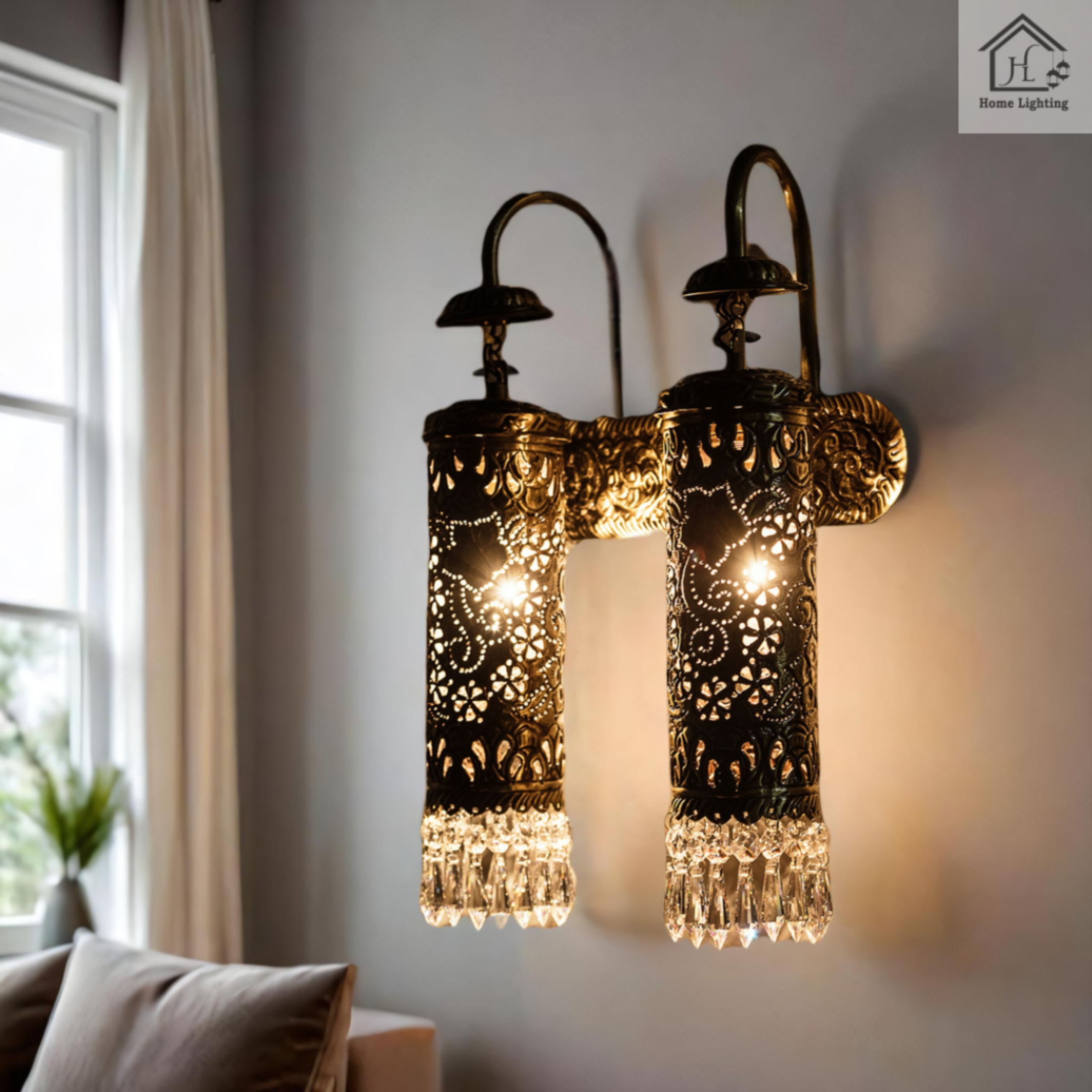 Cylinder Double Brass Wall Hand Carved Lamp