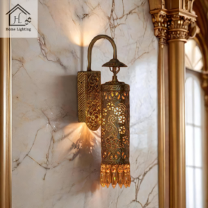Hand Carved Brass & Crystal Cylinder Sconce