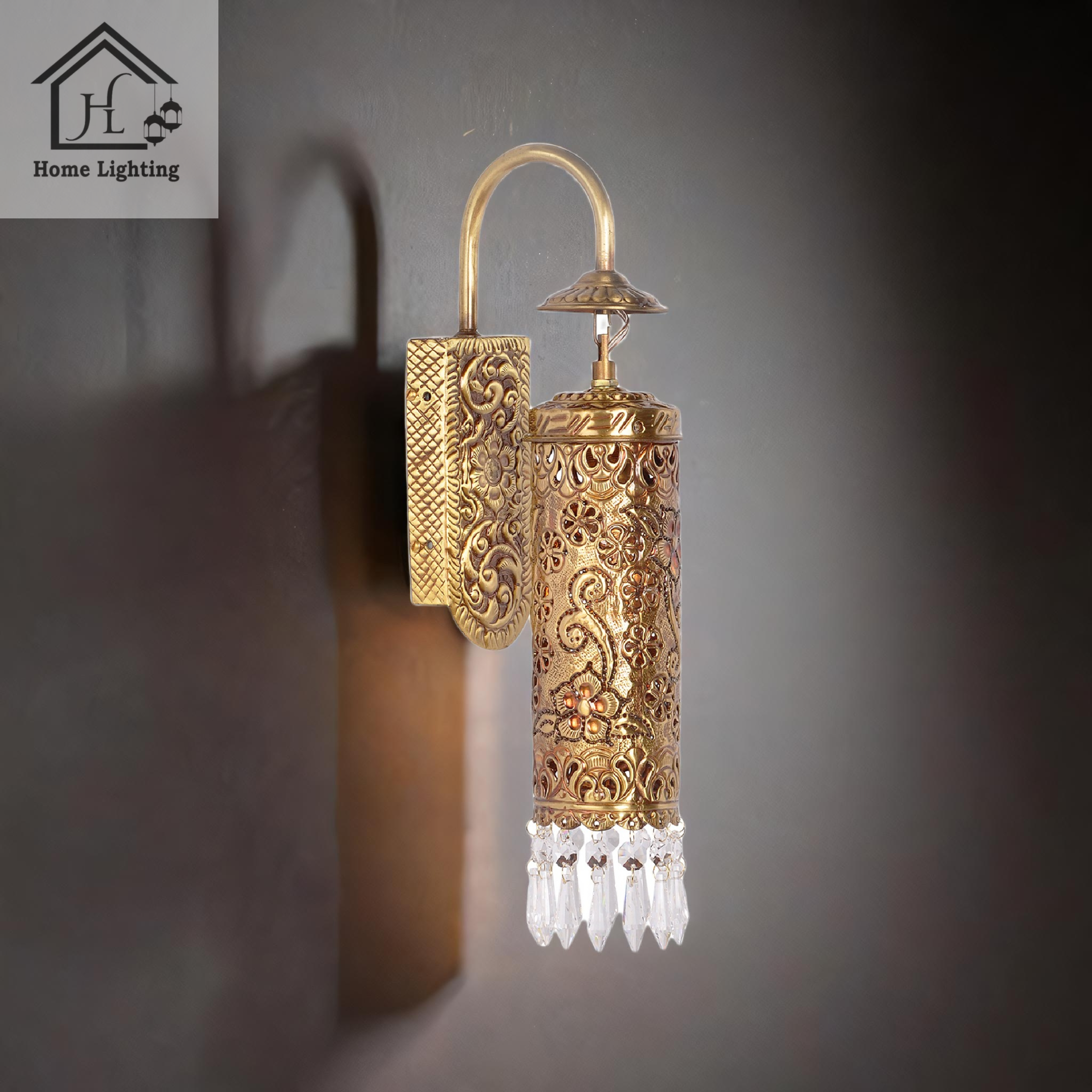 Hand Carved Brass & Crystal Cylinder Sconce - Image 3