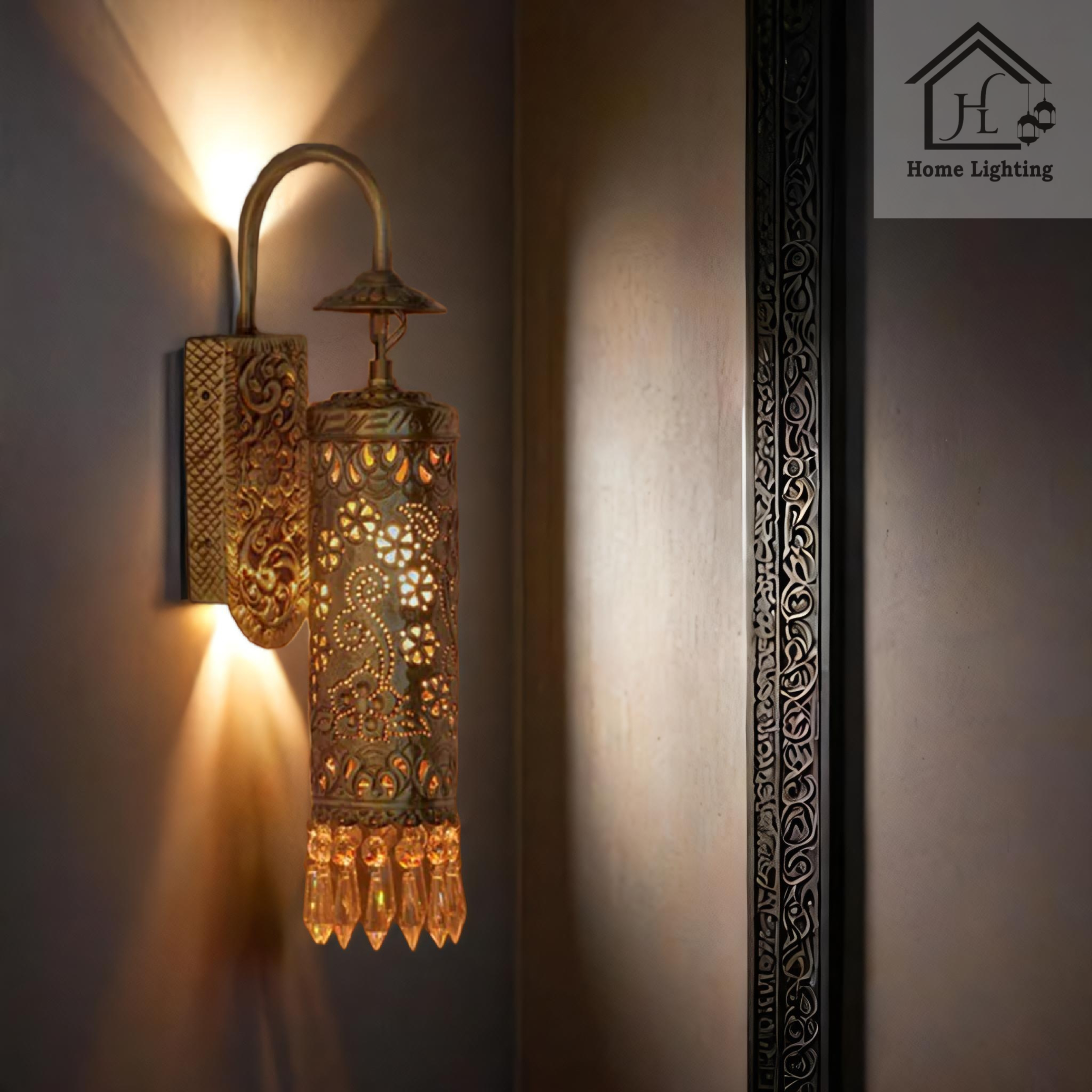 Hand Carved Brass & Crystal Cylinder Sconce - Image 2