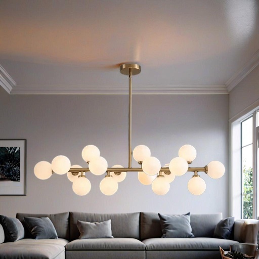 HL HOMELIGHTING Modern Linear Chandelier, 16 Glass Globe Lights, Brass Metal Finish, Horizontal Design - Image 4
