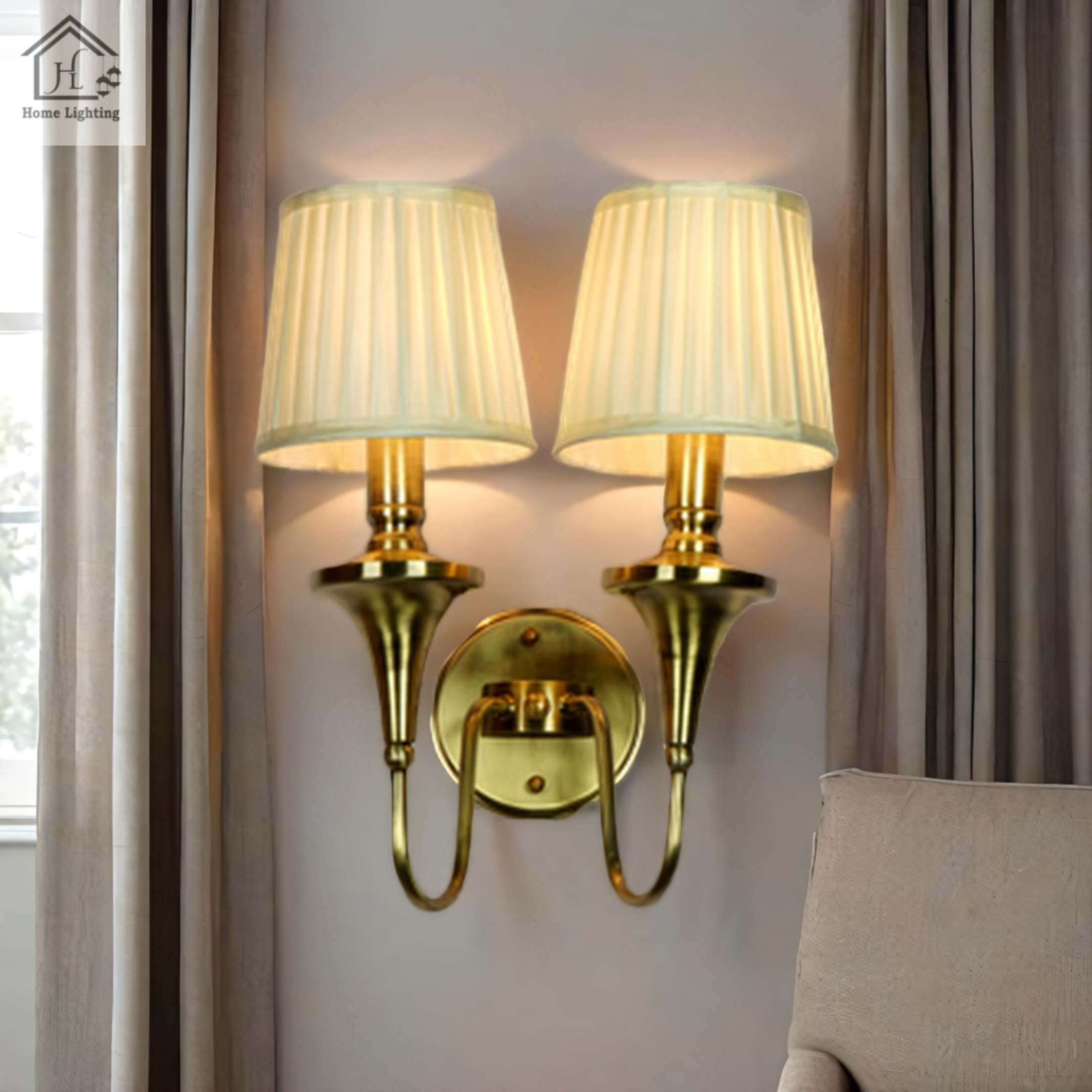 Gold Brass Wall Flash with Double Light White Fabric Shade - Image 4