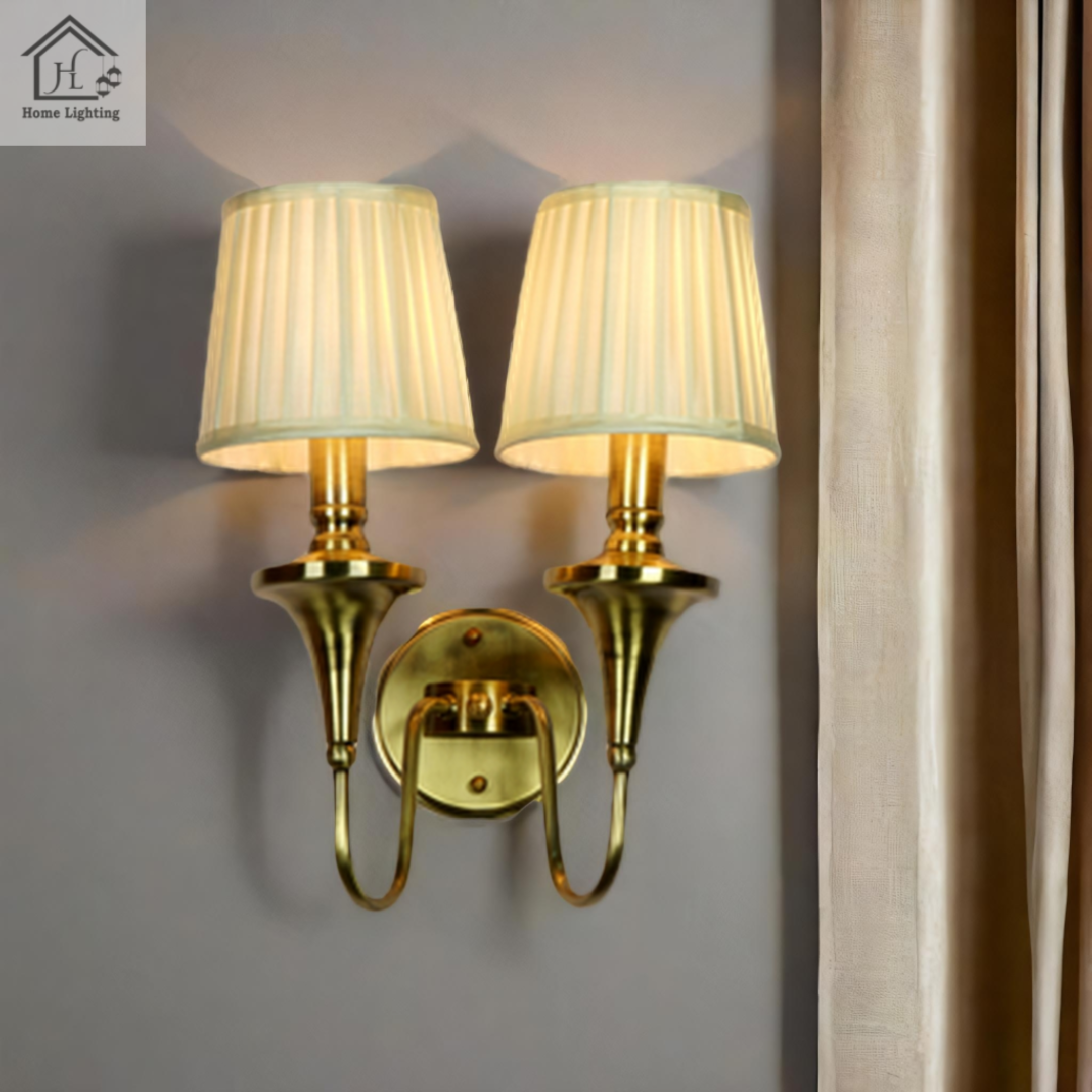 Gold Brass Wall Flash with Double Light White Fabric Shade - Image 9