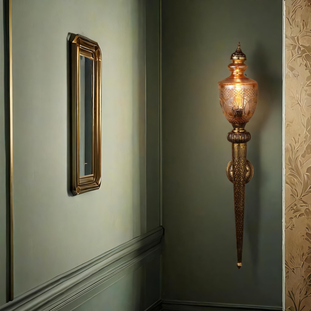 Vintage Antique Brass Finish, Amber Glass Traditional Torch Design With Brass Hand Carving