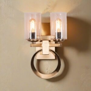 Modern Wall Sconce Light, 2-Light Glass Shade, Brushed Gold Ring Design