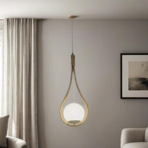 Modern Globe Pendant Light, Gold Metal Frame, White Glass Shade, Teardrop Design