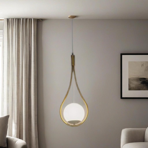 Modern Globe Pendant Light, Gold Metal Frame, White Glass Shade, Teardrop Design