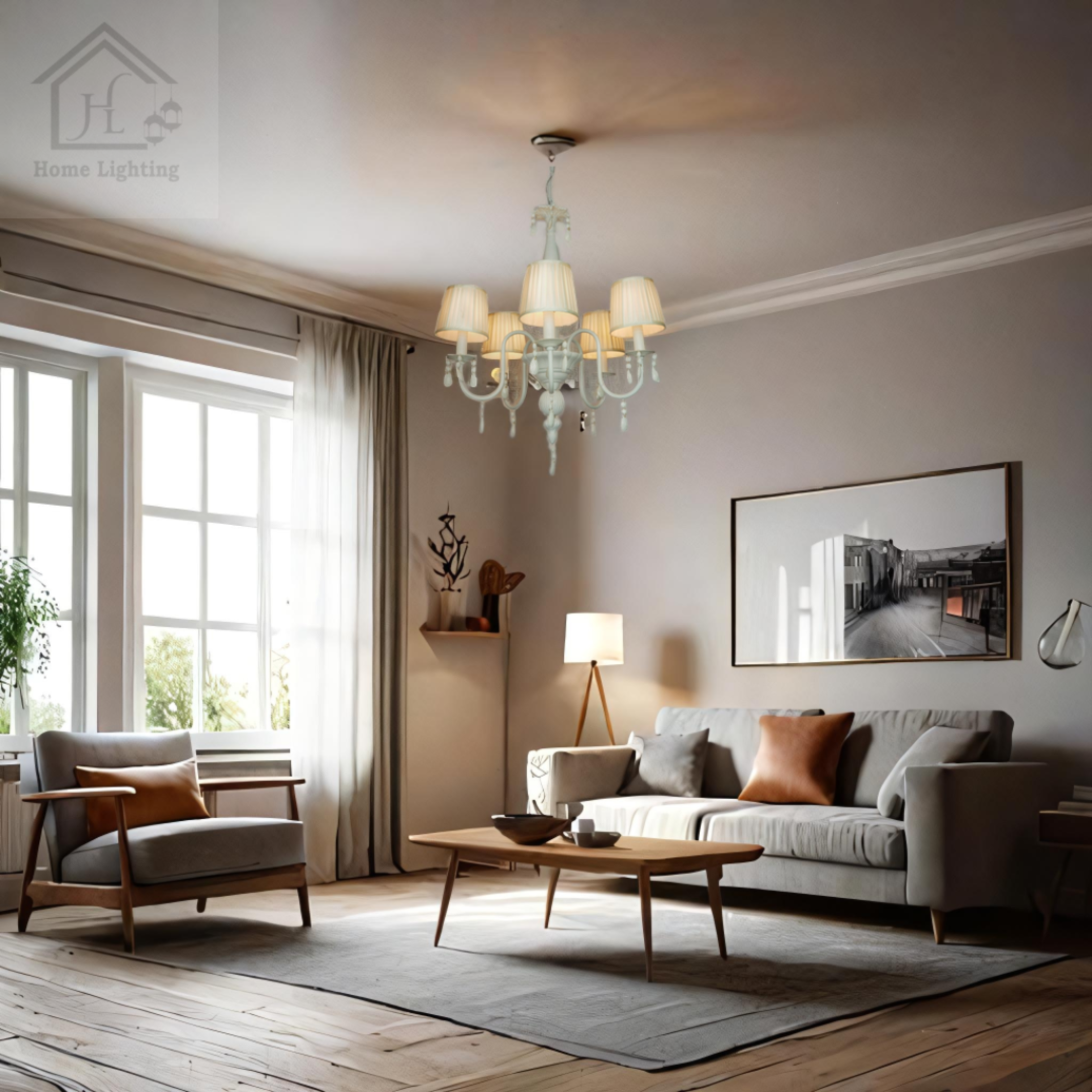 Vintage Style Chandelier with 5 Arms, Cream Shades, and Crystal Accents