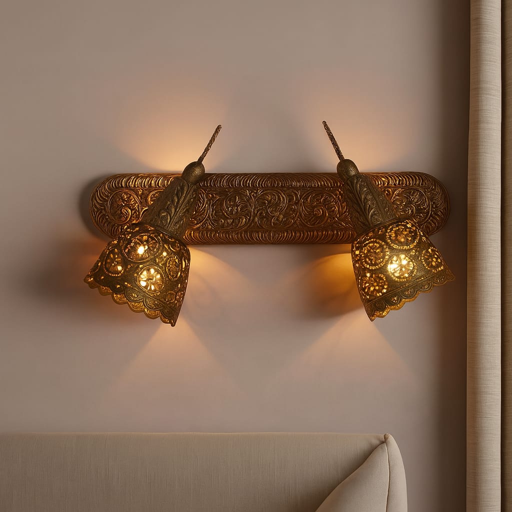 Double Brass Spot Light Hand Carved Sconce - Image 2