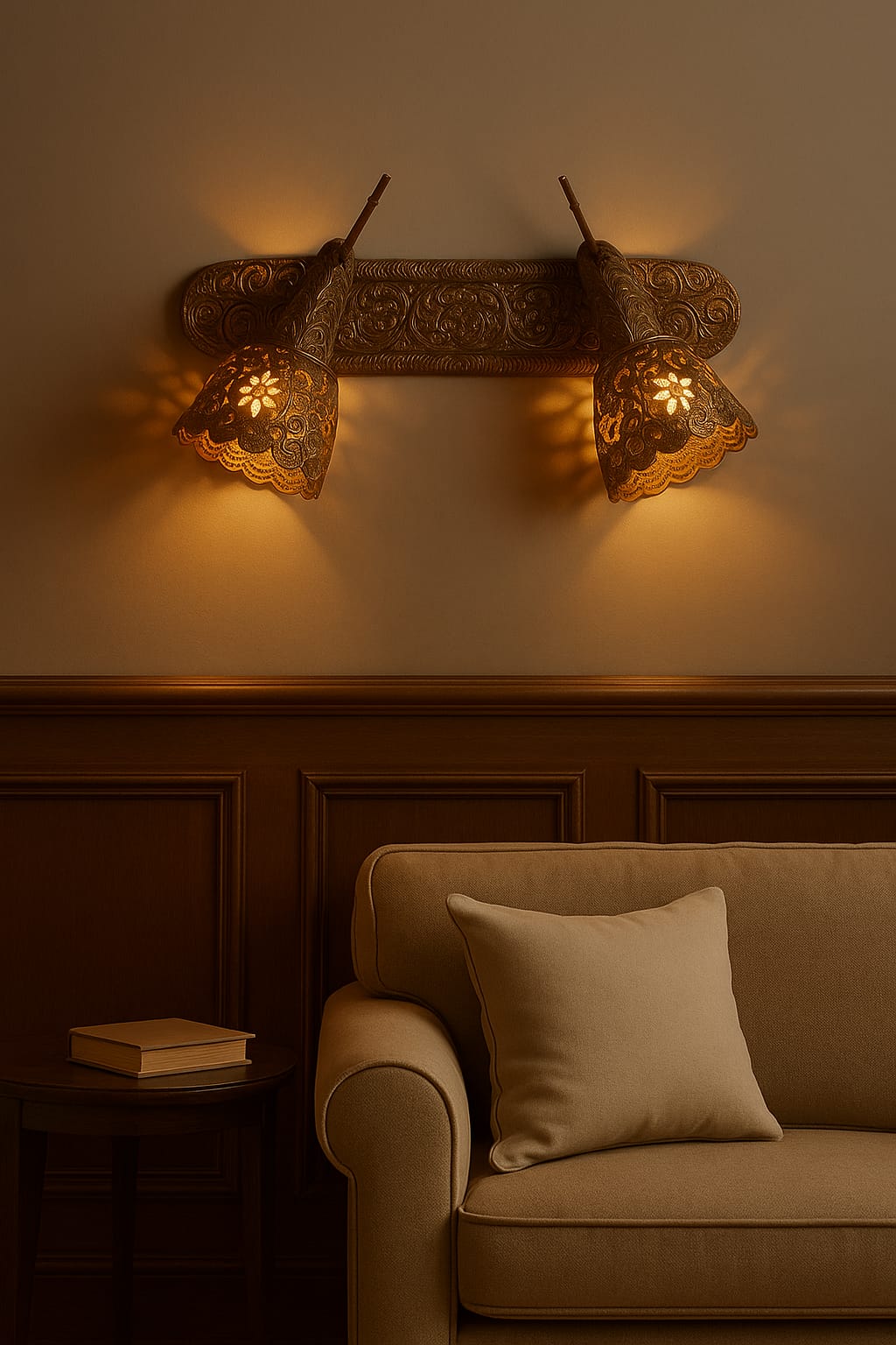 Double Brass Spot Light Hand Carved Sconce