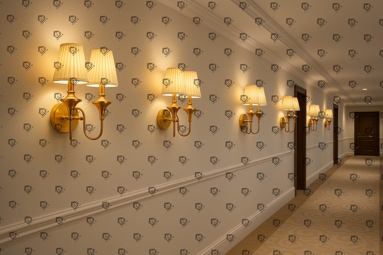 Gold Brass Wall Flash with Double Light White Fabric Shade - Image 6