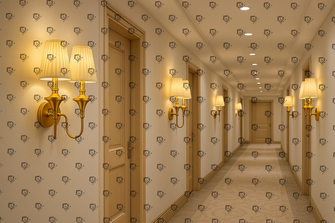 Gold Brass Wall Flash with Double Light White Fabric Shade - Image 3