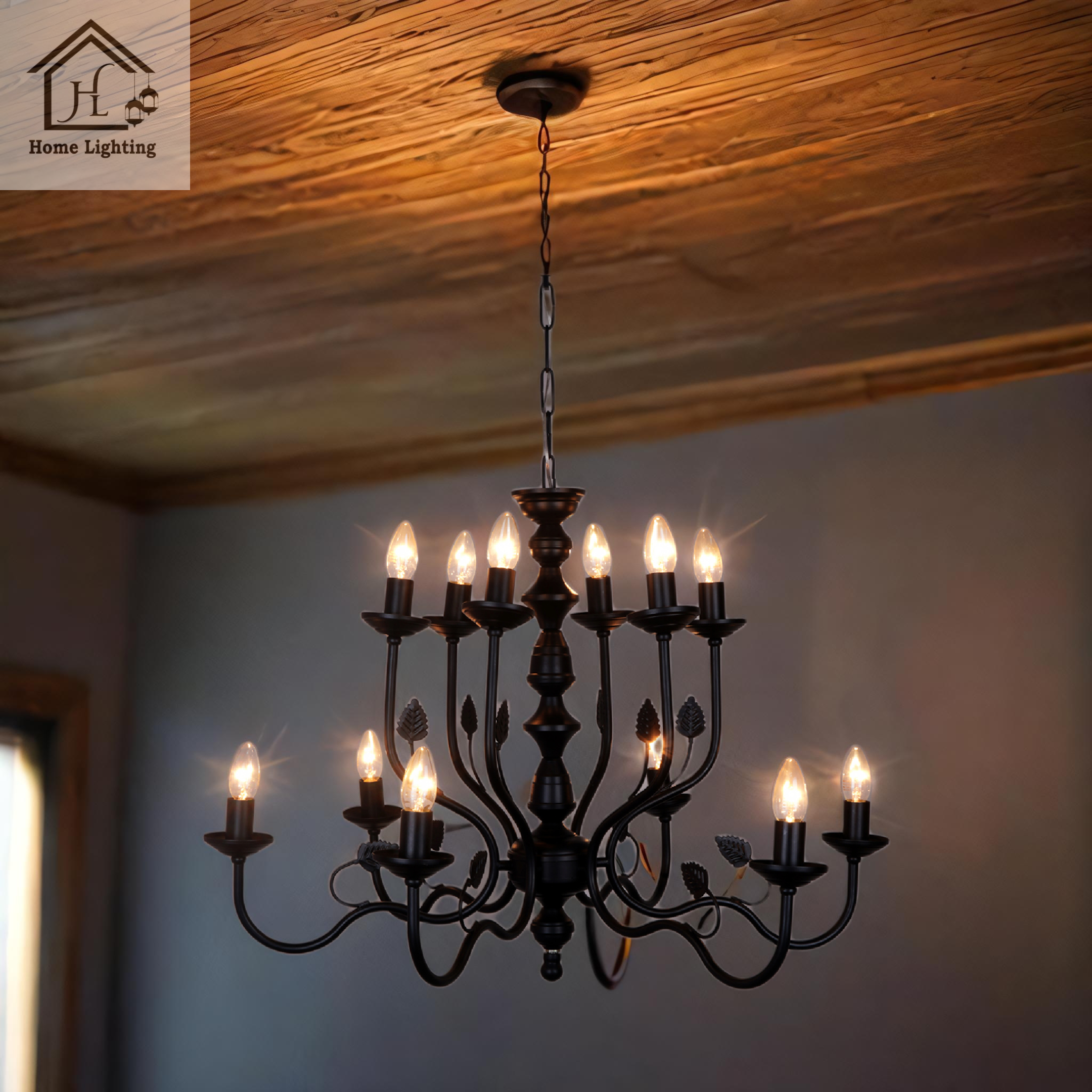 Vintage Style Black Iron Chandelier with 12 Candle Lights