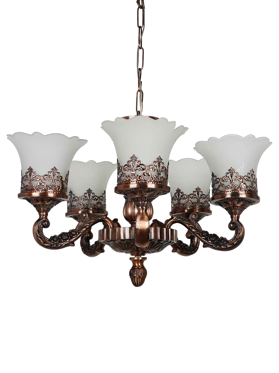 Vintage-Style Antique Brass Chandelier, 5 Lights, Glass Flower - Image 2