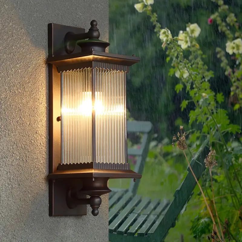 HL Home Lighting Outdoor Wall Lantern Light, Brown Finish, Ribbed Glass Shade - Image 6