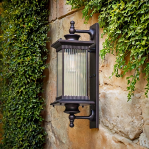 HL Home Lighting Outdoor Wall Lantern Light, Brown Finish, Ribbed Glass Shade