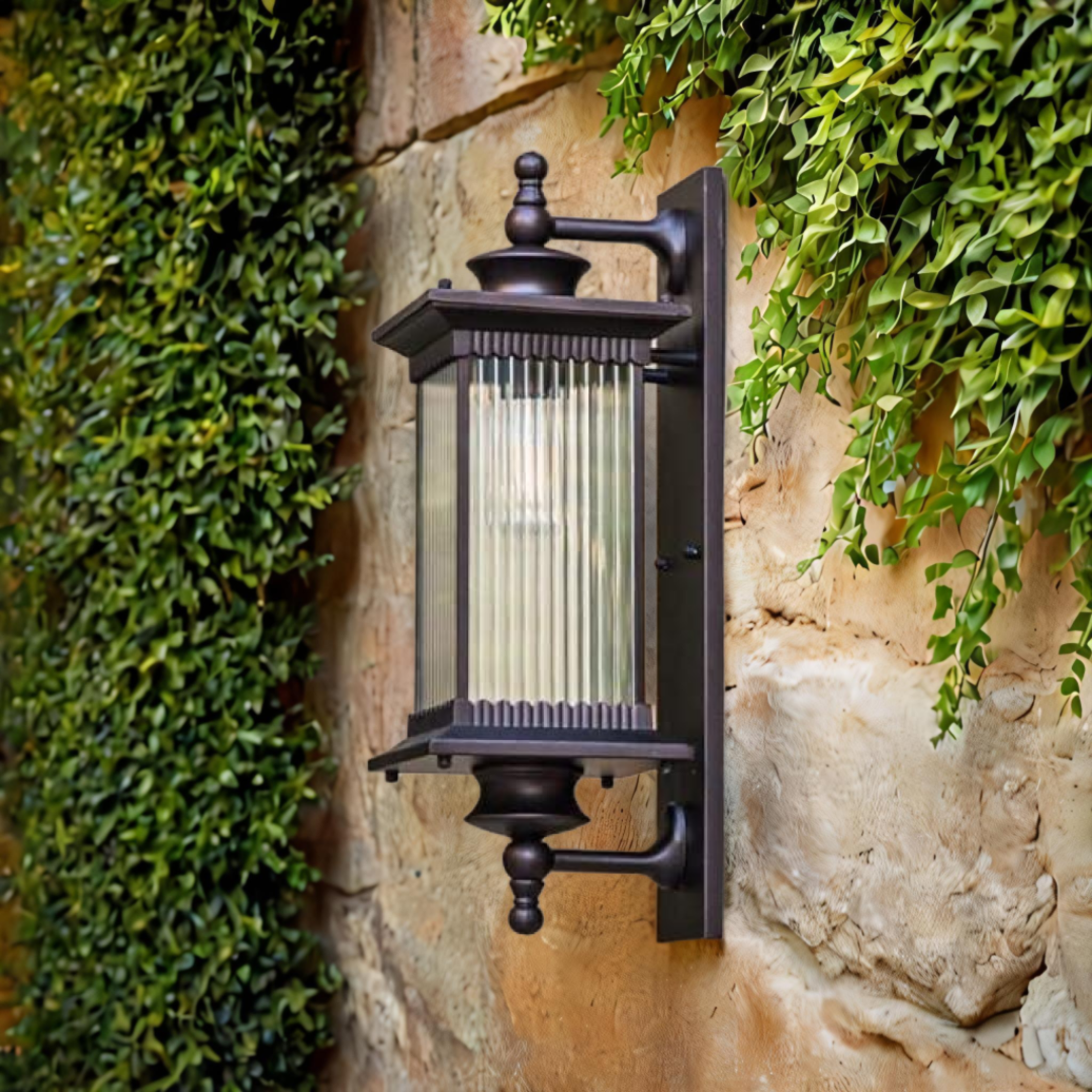 HL Home Lighting Outdoor Wall Lantern Light, Brown Finish, Ribbed Glass Shade