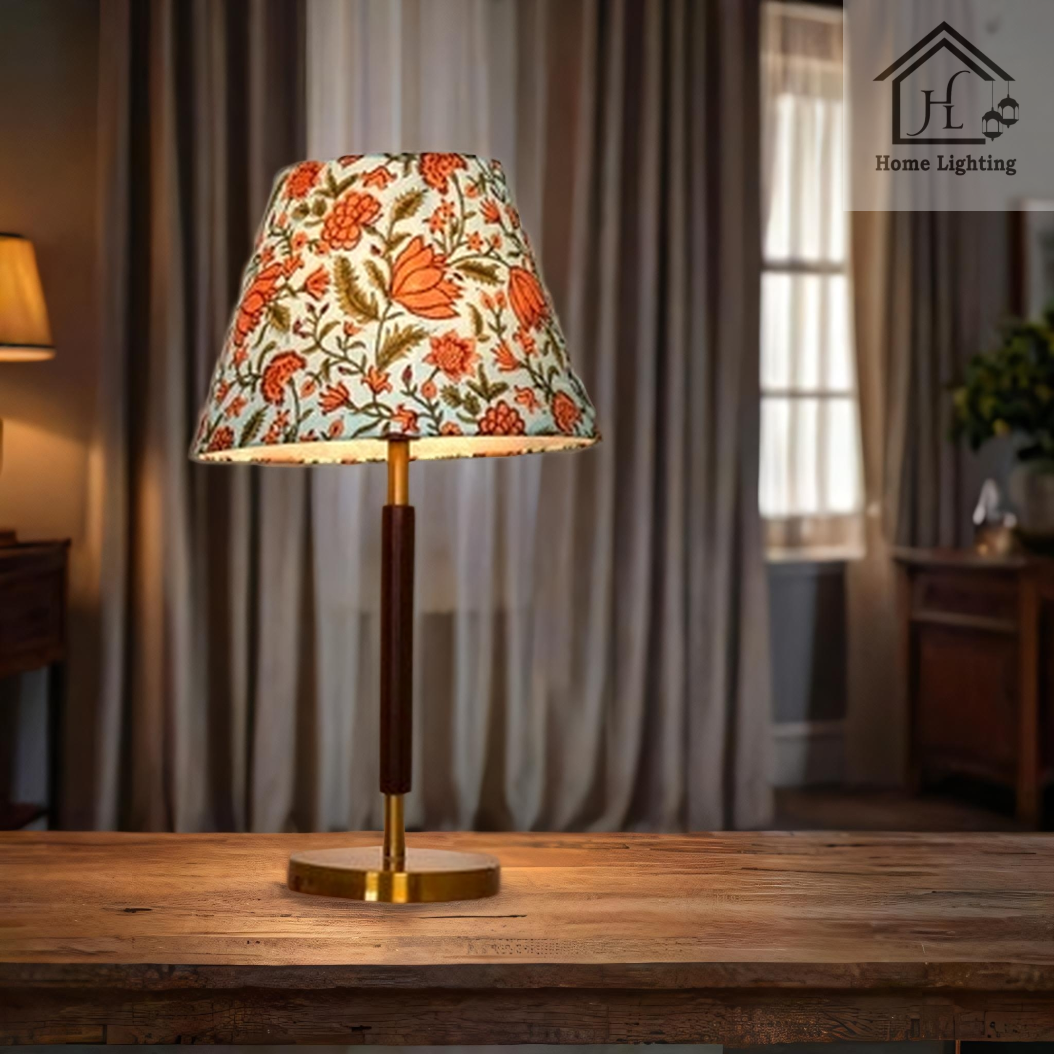 HL Home Lighting Lamp with Floral Pattern Shade, Brass Base, Blue and Coral Design - Image 2