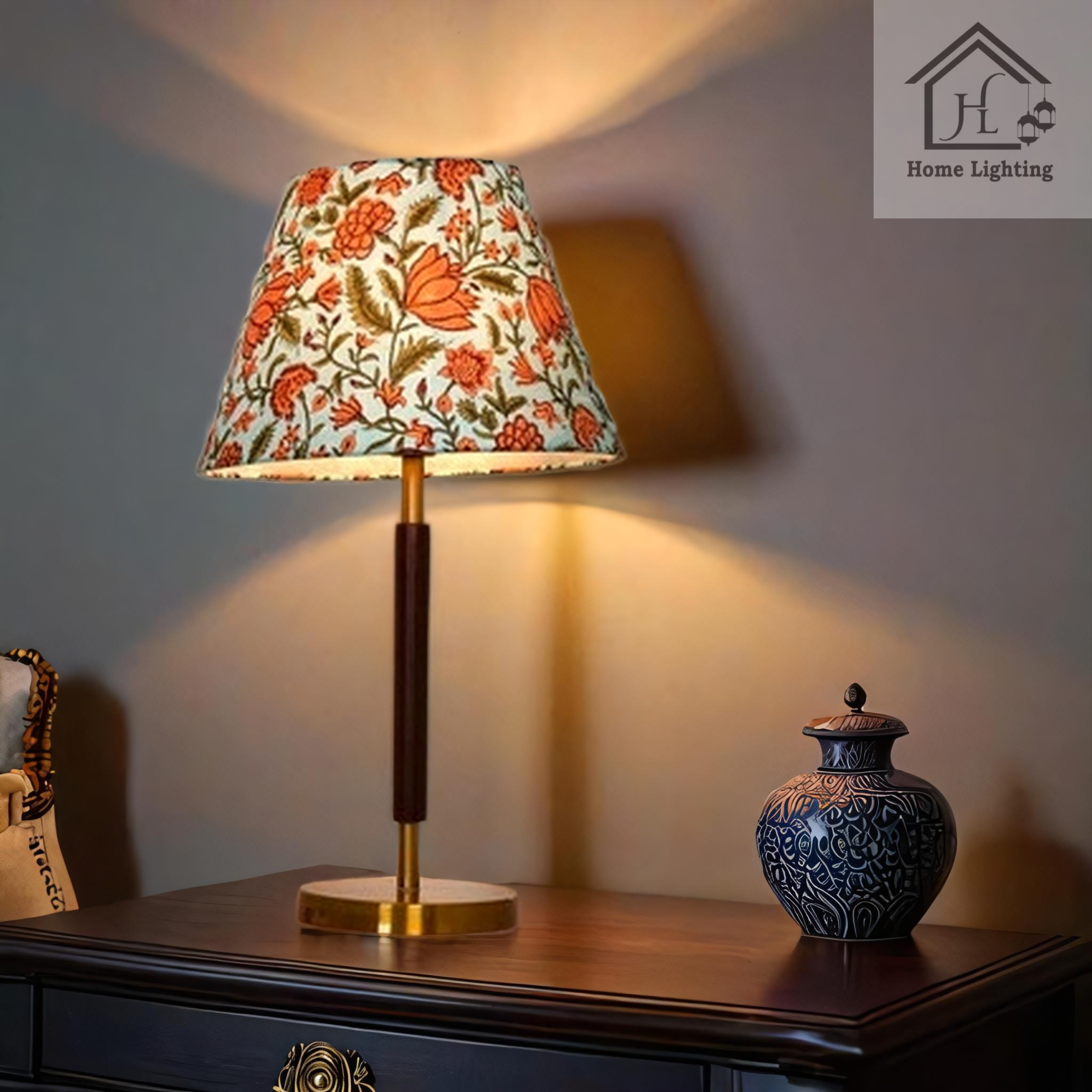 HL Home Lighting Lamp with Floral Pattern Shade, Brass Base, Blue and Coral Design - Image 3
