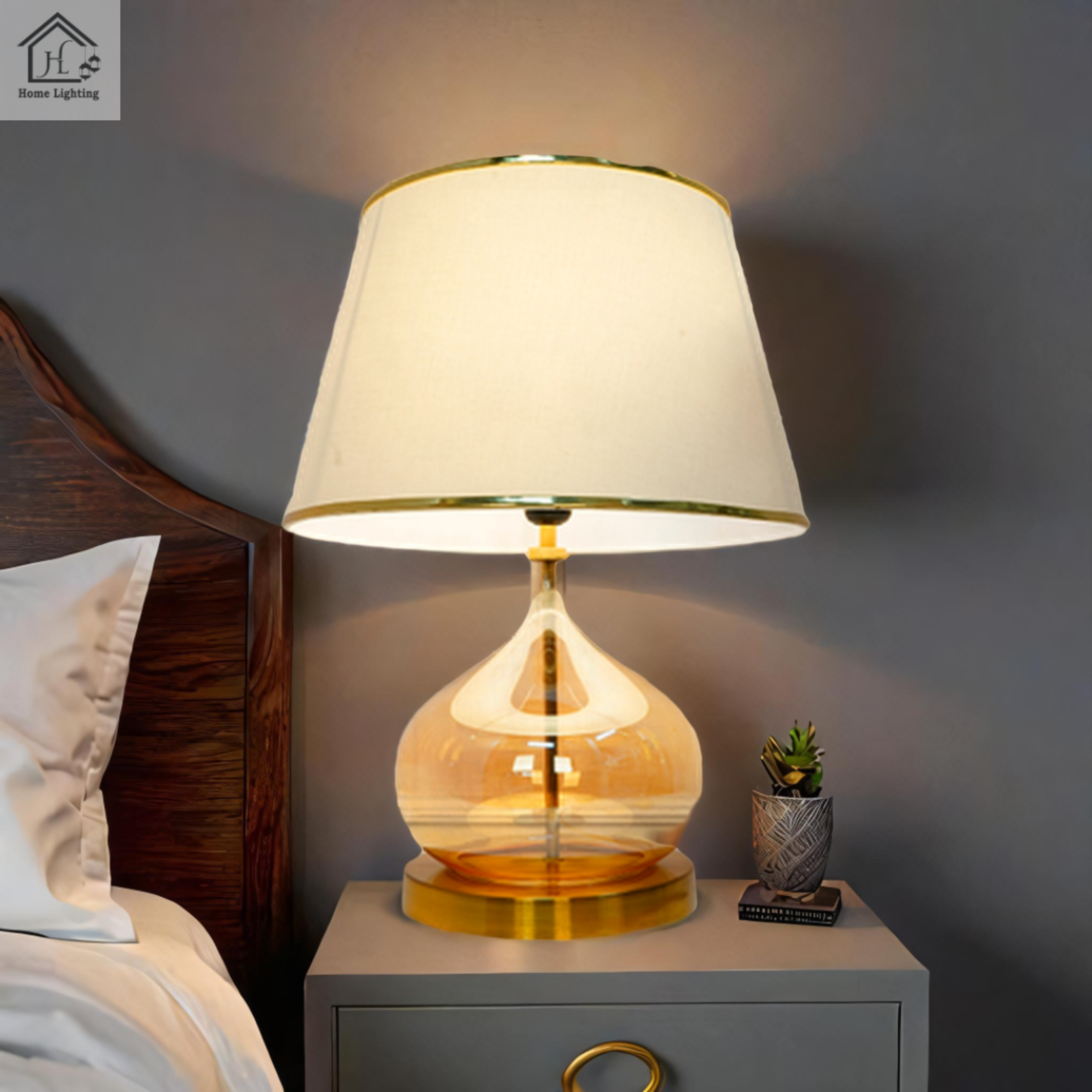 HL Home Lighting Glass Table Lamp with White Shade, Gold Base, Modern Decorative Lighting for Bedroom - Image 3
