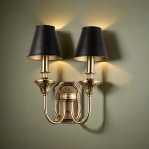 Double Wall Sconce, Black Shade, Antique Brass Finish, 2-Light Decorative Wall Light