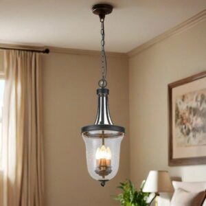 Vintage Glass Pendant Light, Seeded Glass Bell Jar, Black Metal Chain, Indoor Ceiling Light Fixture