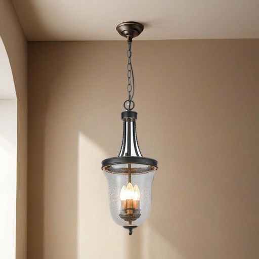 Vintage Glass Pendant Light, Seeded Glass Bell Jar, Black Metal Chain, Indoor Ceiling Light Fixture - Image 3