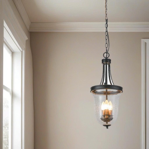 Vintage Glass Pendant Light, Seeded Glass Bell Jar, Black Metal Chain, Indoor Ceiling Light Fixture - Image 2