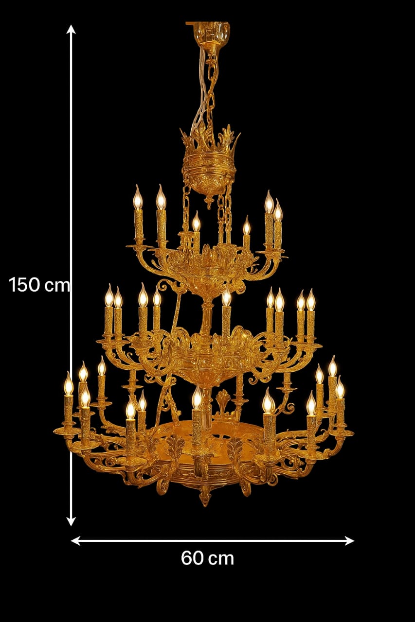 Luxury Gold Brass Chandelier, 3-Tier, 150 cm Height x 60 cm Width, Traditional Victorian Style - Image 4