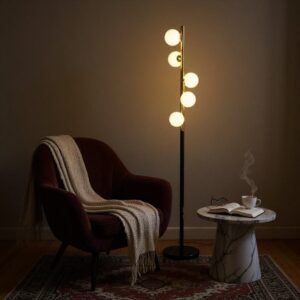 Modern Floor Lamp with 6 Globe Lights, Black and Gold Stand, Marble Base