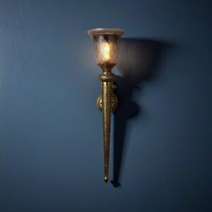 Vintage Wall Mashal  Light, Antique Gold Finish with Etched Glass Shade, Diamond Pattern Torch Design In Brass Material