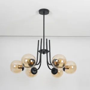 Modern 6-Light Globe Chandelier, Black Metal Frame with Amber Glass Shades