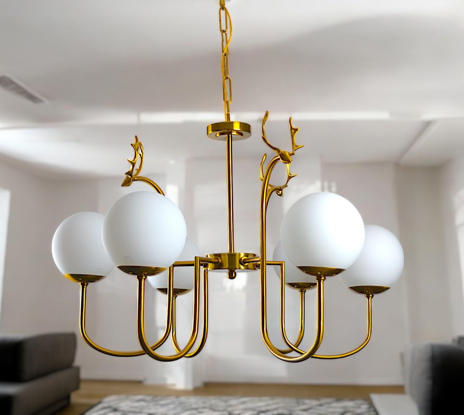 Modern Linear Chandelier, 6-Light Gold Metal with White Glass Globe Shades, Contemporary Dining Room Light Fixture - Image 3