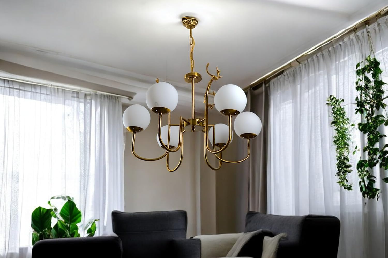 Modern Linear Chandelier, 6-Light Gold Metal with White Glass Globe Shades, Contemporary Dining Room Light Fixture - Image 4