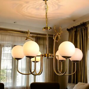 Modern Linear Chandelier, 6-Light Gold Metal with White Glass Globe Shades, Contemporary Dining Room Light Fixture