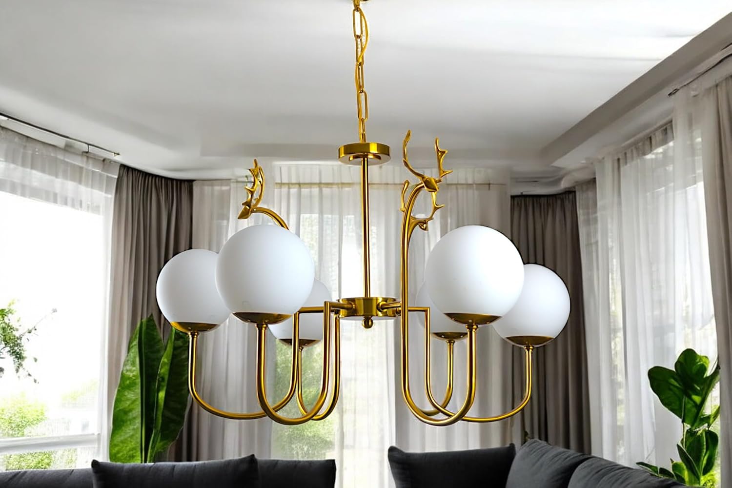 Modern Linear Chandelier, 6-Light Gold Metal with White Glass Globe Shades, Contemporary Dining Room Light Fixture - Image 2