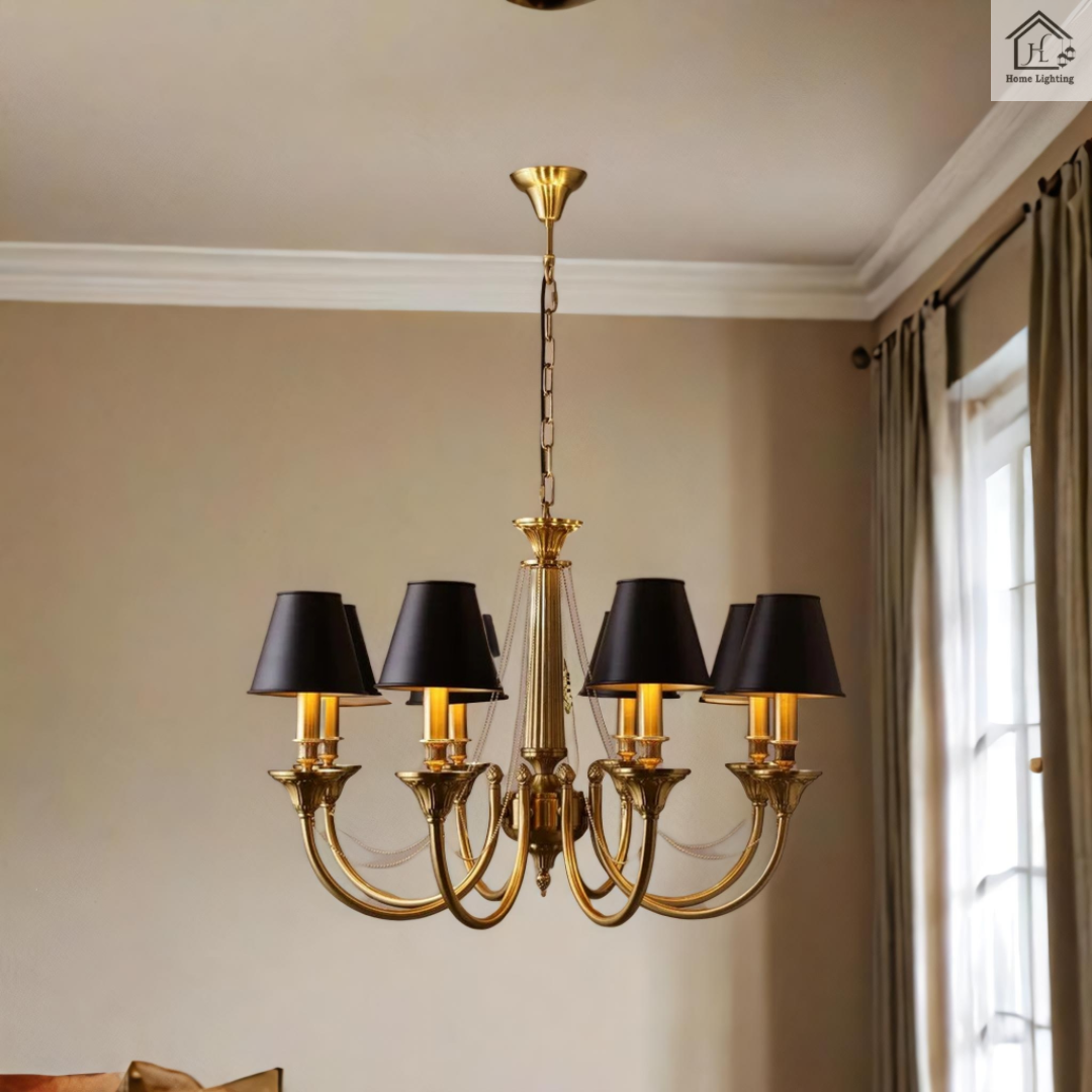 HL HOMELIGHTING Vintage Chandelier, 6-Light Metal with Black Shades, , Gold Finish