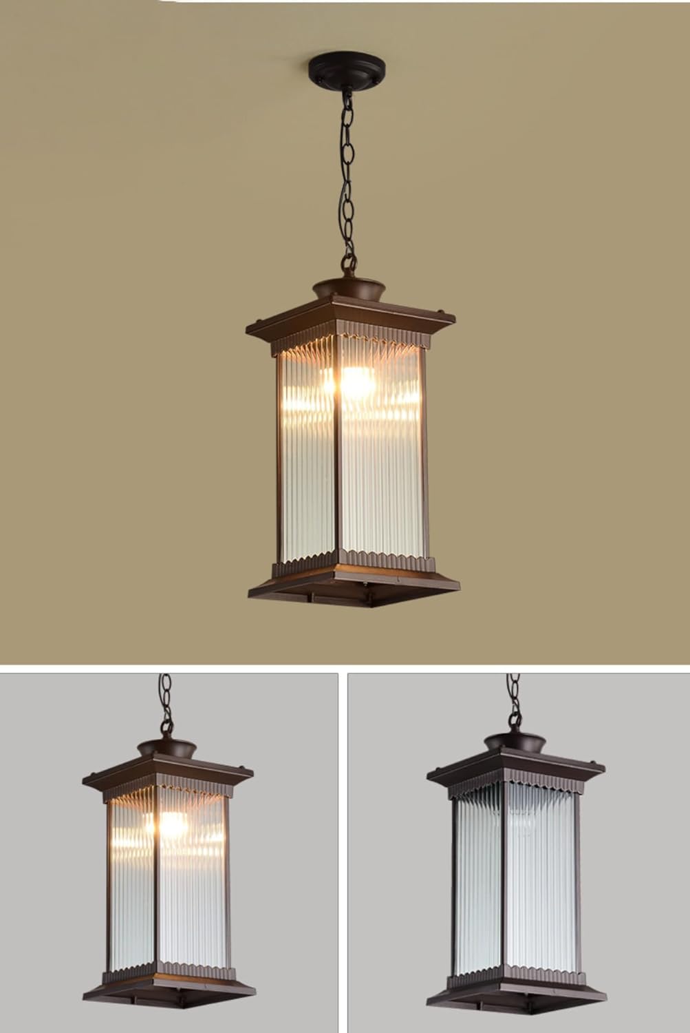 Black Ribbed Glass Hanging Outdoor Lantern - Image 7