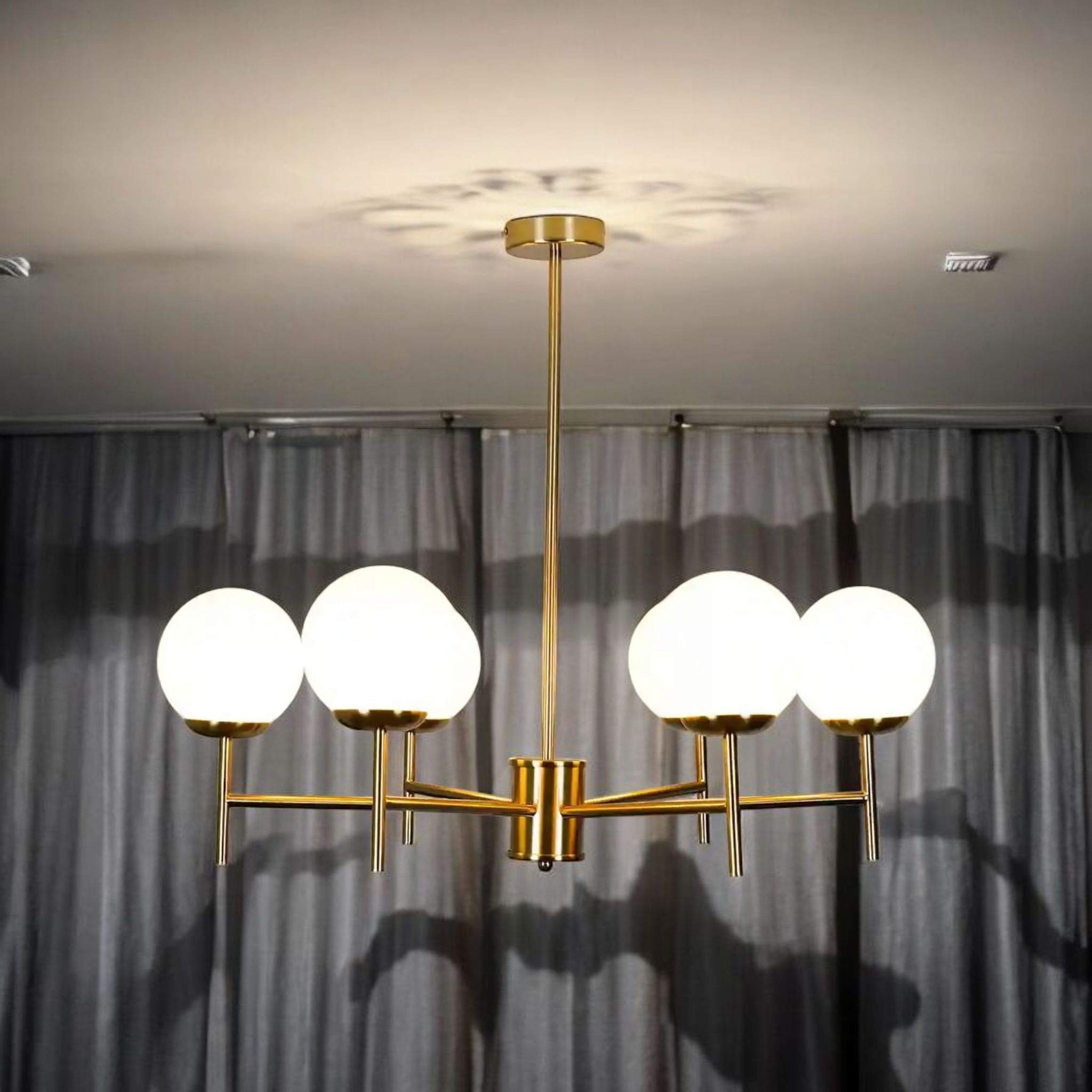 Modern Globe Chandelier, 5 Light Ceiling Light Fixture, Brass Finish with White Glass Shades - Image 5