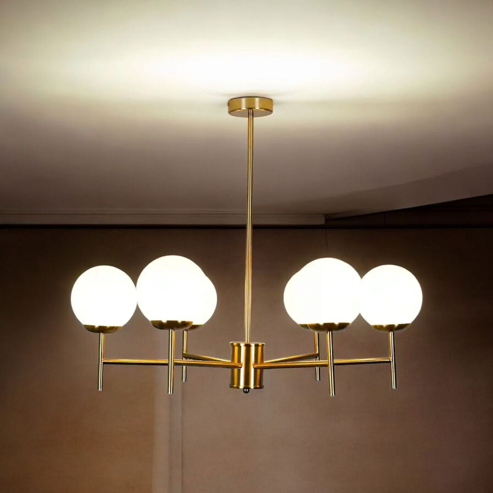 Modern Globe Chandelier, 5 Light Ceiling Light Fixture, Brass Finish with White Glass Shades - Image 2