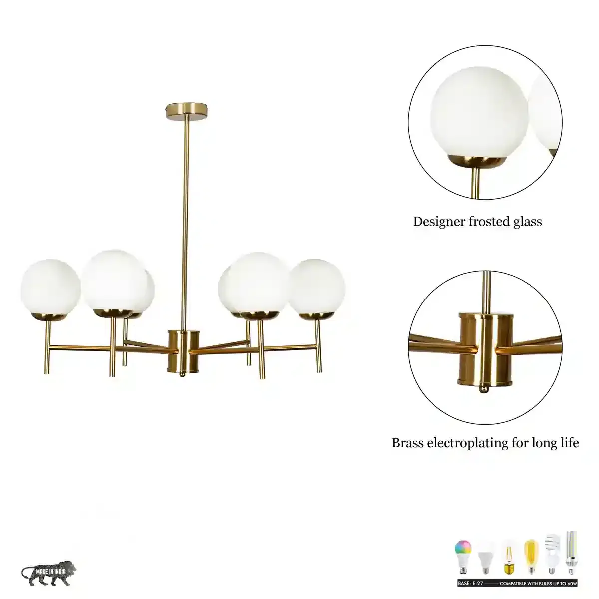 Modern Globe Chandelier, 5 Light Ceiling Light Fixture, Brass Finish with White Glass Shades - Image 3