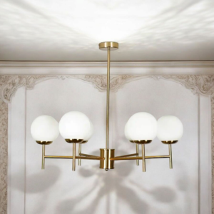 Modern Globe Chandelier, 5 Light Ceiling Light Fixture, Brass Finish with White Glass Shades