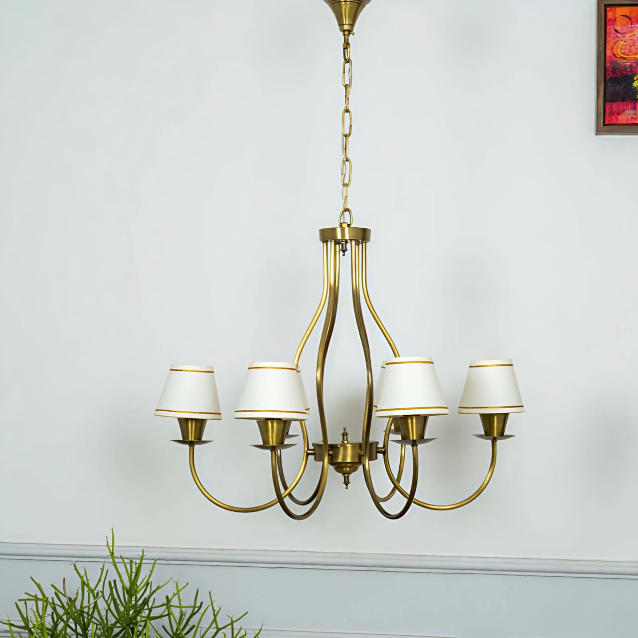 Vintage Gold Brass 4-Lights Sputnik Chandelier Unique Flared Fabric Shade During Light Unique Metalopper Lamp for Living Room Hallway-C - Image 2