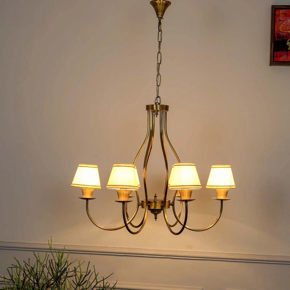 Vintage Gold Brass 4-Lights Sputnik Chandelier Unique Flared Fabric Shade During Light Unique Metalopper Lamp for Living Room Hallway-C